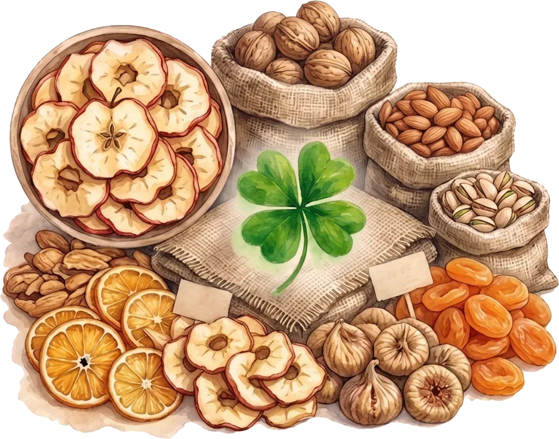 چیدمانی از میوههای خشک، مغزها و نماد شبدر